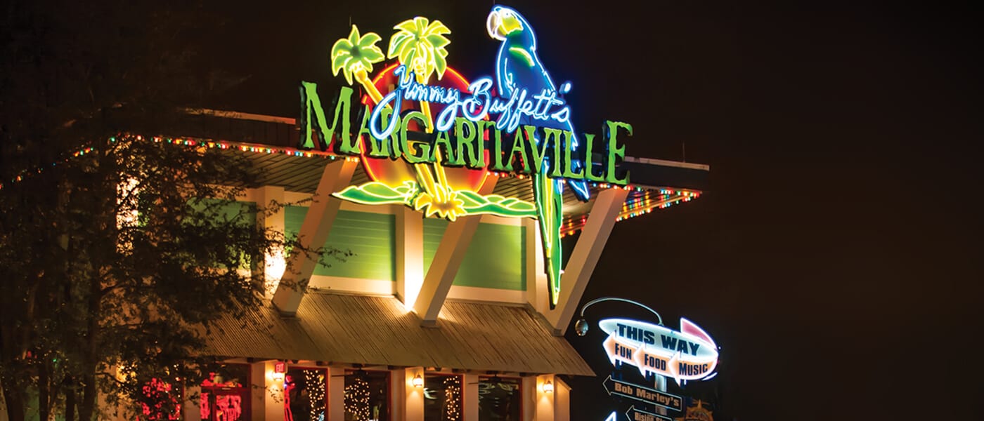 Nighttime view of Jimmy Buffett’s Margaritaville at Universal CityWalk Orlando.