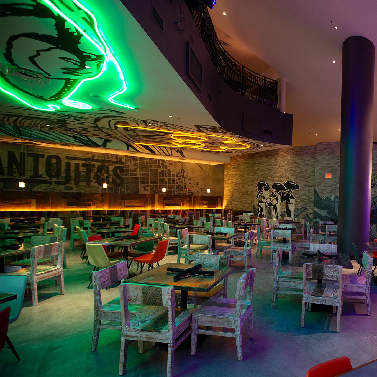 Interior photo captures a seating area of Antojitos Authentic Mexican Food at Universal CityWalk Orlando.