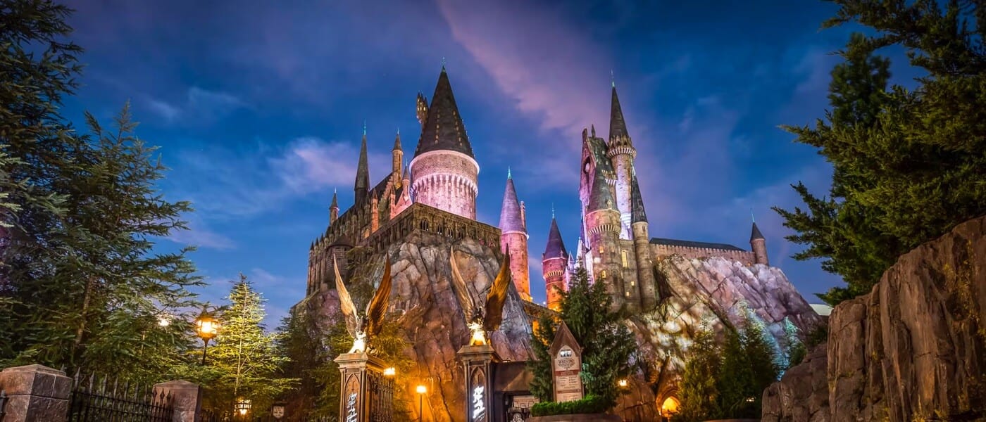 The majestic Hogwarts castle, where guests at Universal Islands of Adventure in Orlando experience the exciting ride Harry Potter and the Forbidden Journey.
