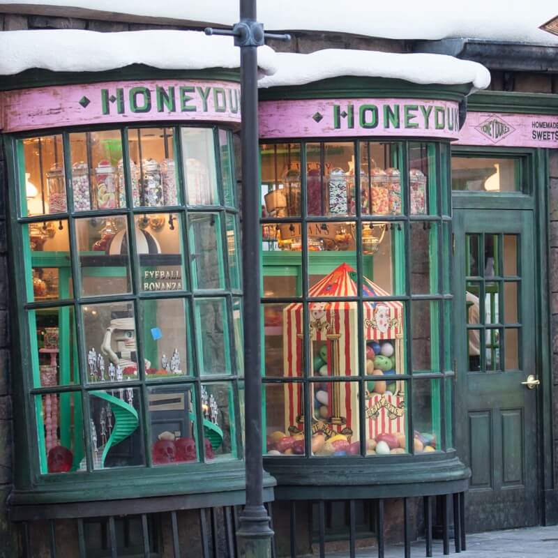 The exterior of Honeydukes sweet shop in The Wizarding World of Harry Potter at Universal Islands of Adventure.