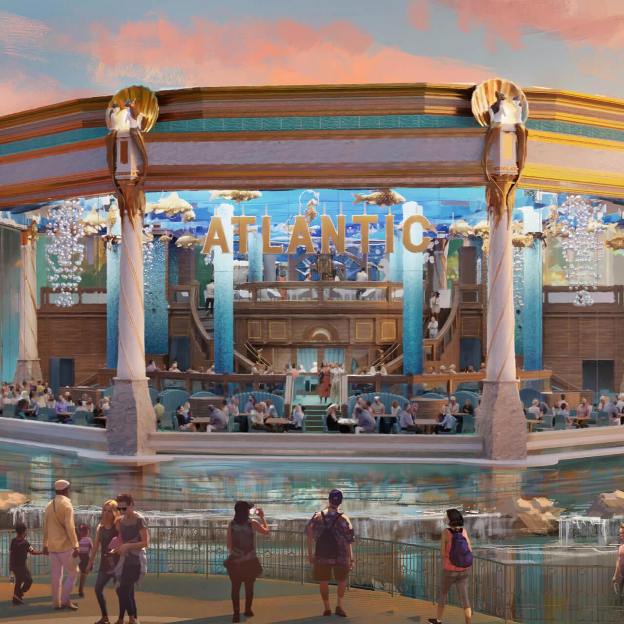 Artist conceptual rendering - The exterior of Atlantic, a full-service restaurant at Celestial Park in Universal Epic Universe.