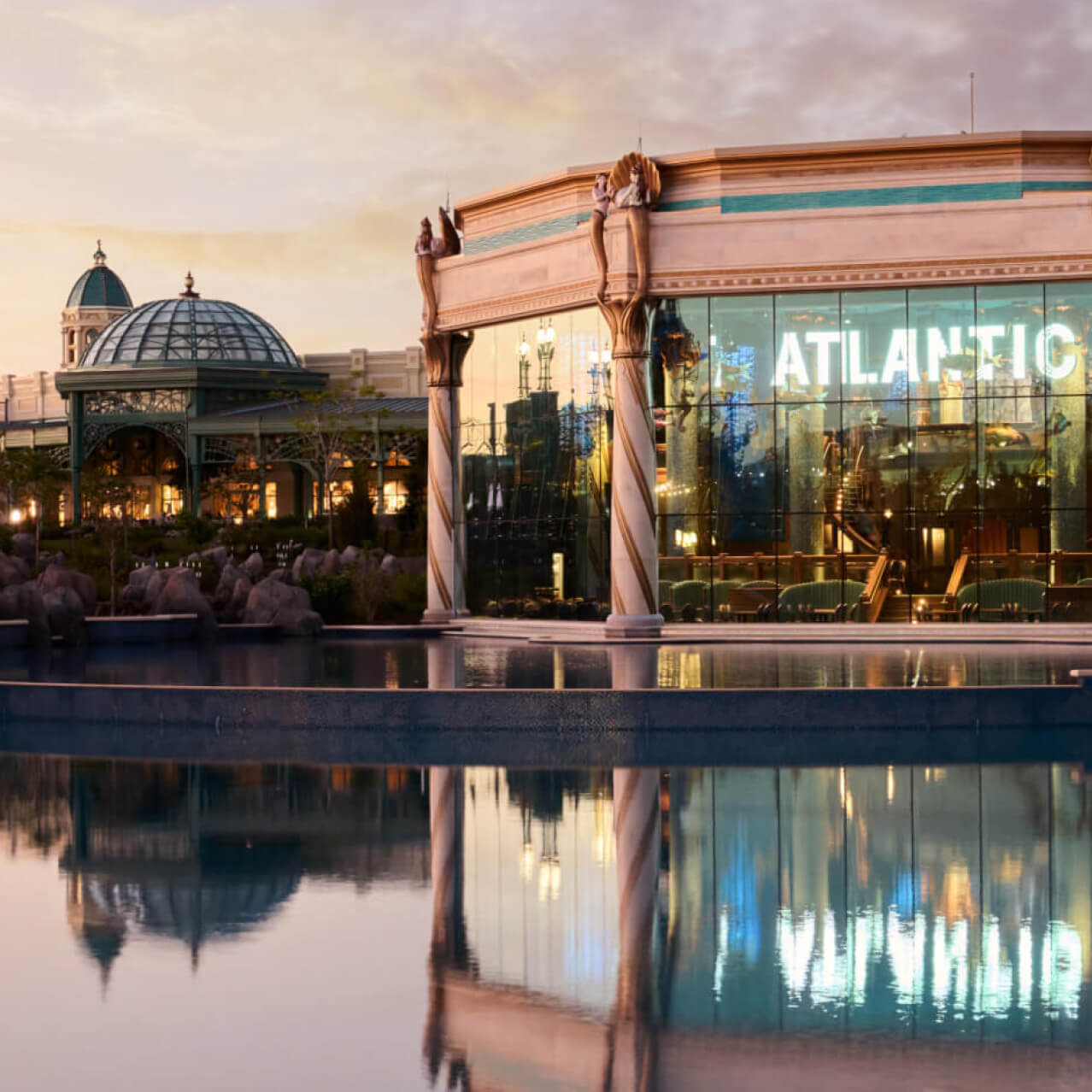Atlantic restaurant overlooking the lagoon in Celestial Park at Universal Epic Universe.