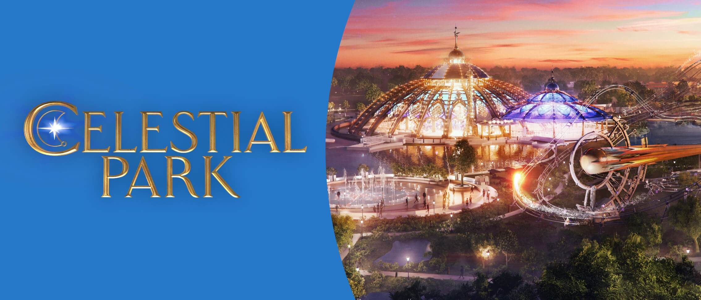 Artist conceptual rendering – Aerial view of the Celestial Park rides and attractions lighting up the sky at dusk.