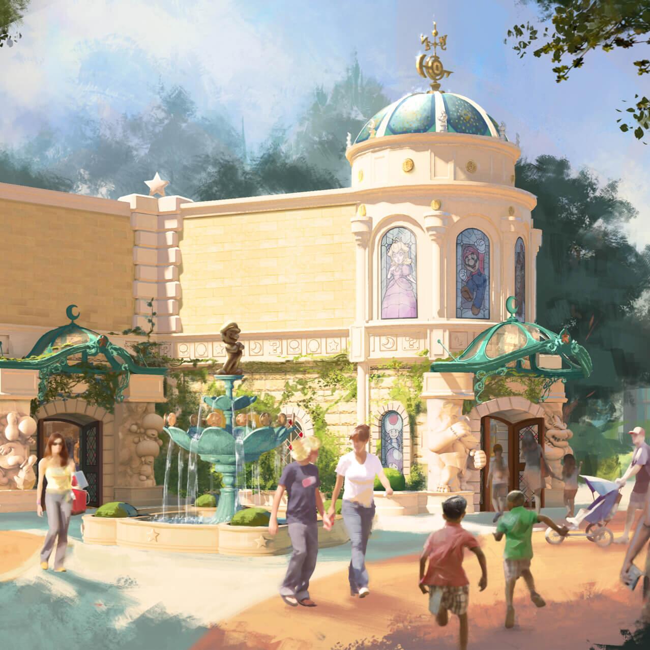 Artist conceptual rendering – The castle-like facade of the Nintendo® Store in Celestial Park at Universal Epic Universe.