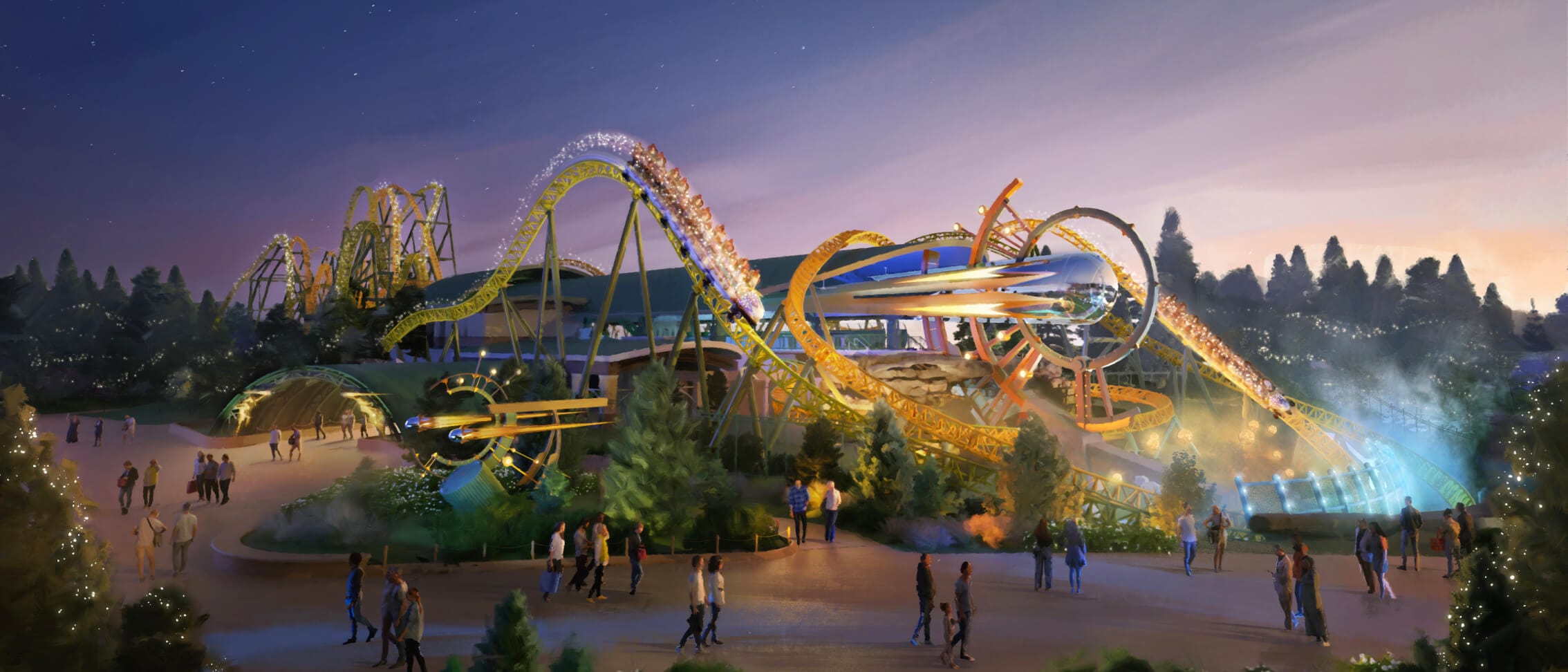Artist conceptual rendering - Wide view of Stardust Racers coaster in Celestial Park at dusk.