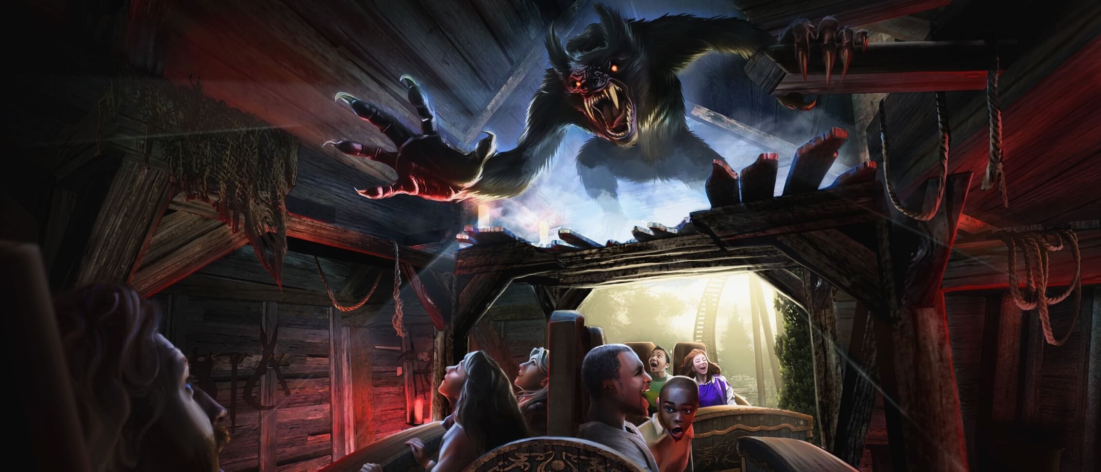 Artist conceptual rendering - A giant werewolf with glowing red eyes and massive claws looms overhead, fangs gleaming, as riders scream in delight on The Curse of the Werewolf ride.