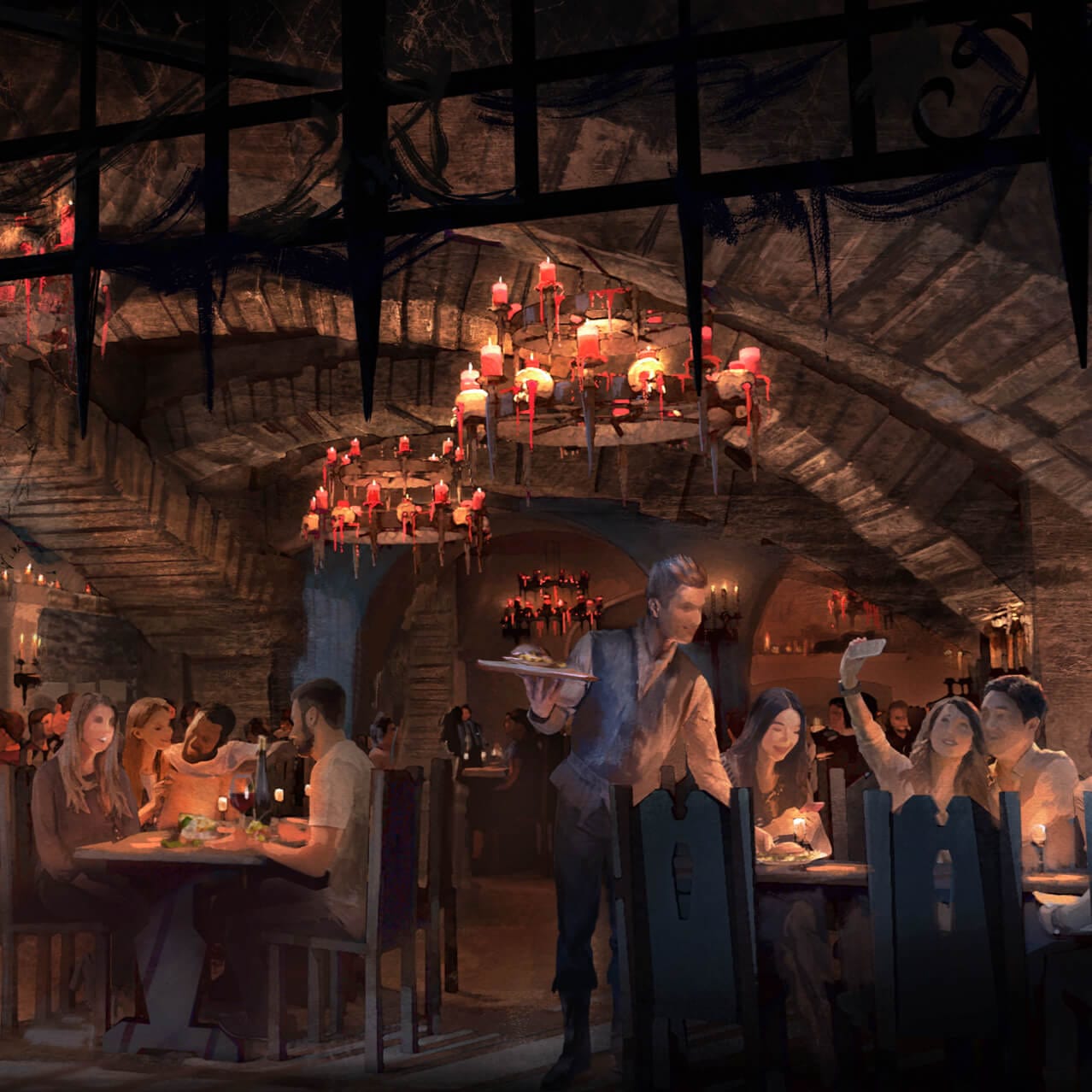 Artist conceptual rendering - Visitors to Dark Universe at Universal Epic Universe enjoy a hearty meal at Das Stakehaus.