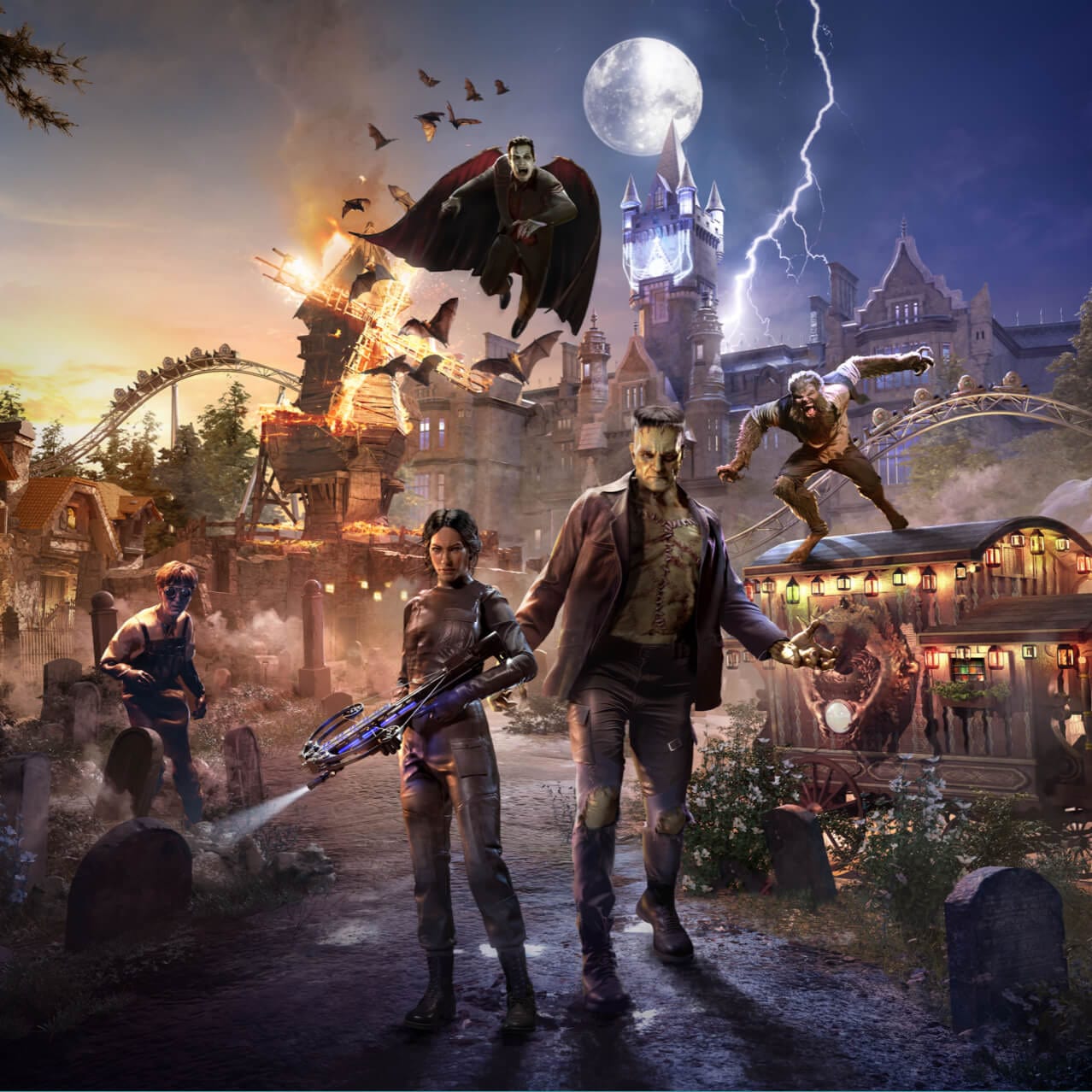 Artist conceptual rendering - Frankenstein’s Monster, the Werewolf, Dracula and more step out from the shadowy background of Darkmoor Village in Universal Epic Universe’s Dark Universe.