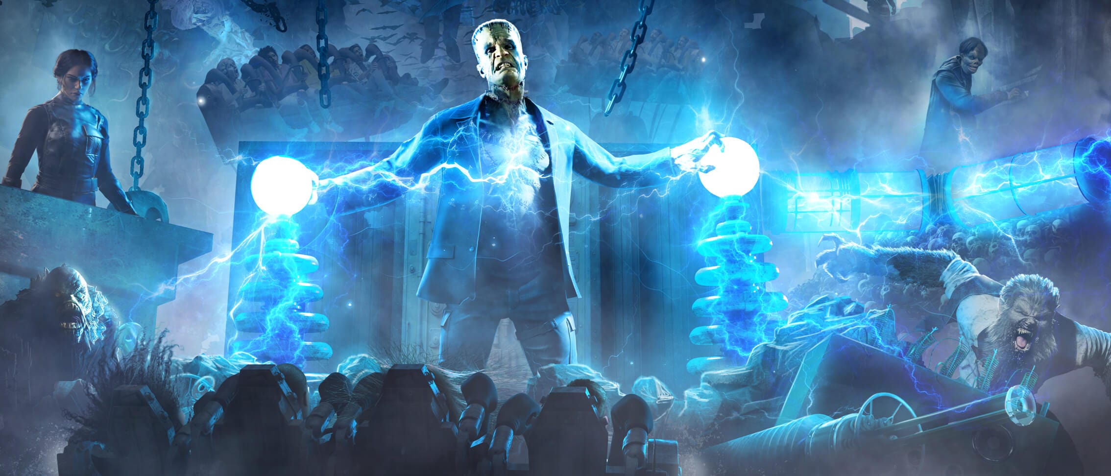 Artist conceptual rendering - Frankenstein’s Monster grips two electricity conductors, his jaw clenched as electricity rips through him, as Dr. Victoria Frankenstein looks on.