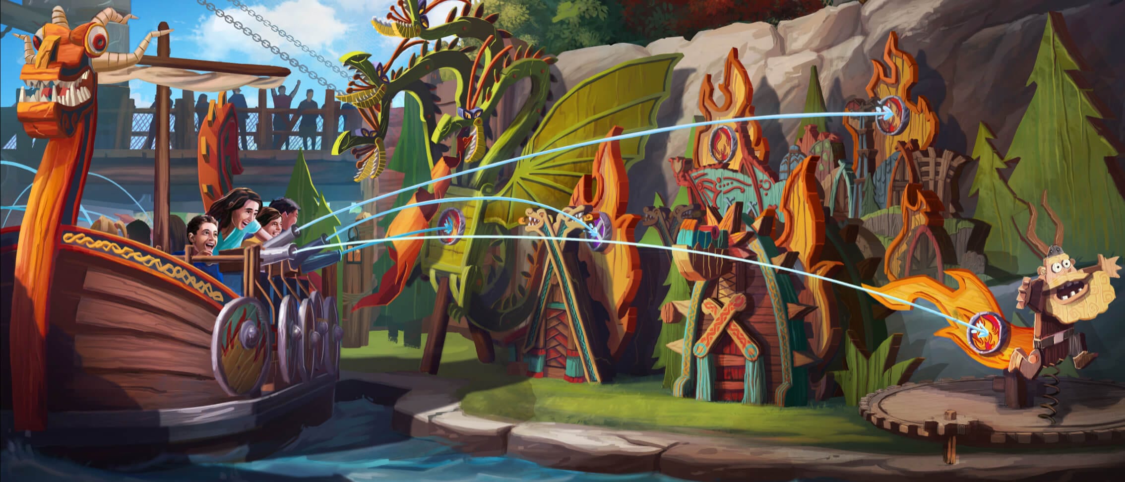 Artist conceptual rendering – Guests on ships shoot water cannons at flame-like targets from the Fyre Drill family ride.
