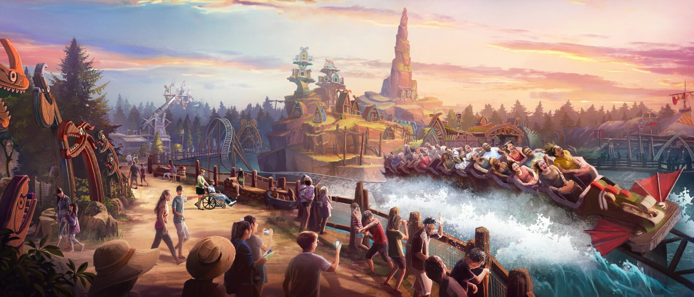 Artist conceptual rendering – Riders laugh as Hiccup’s Wing Gliders coaster swoops above the water in front of Mead Hall.