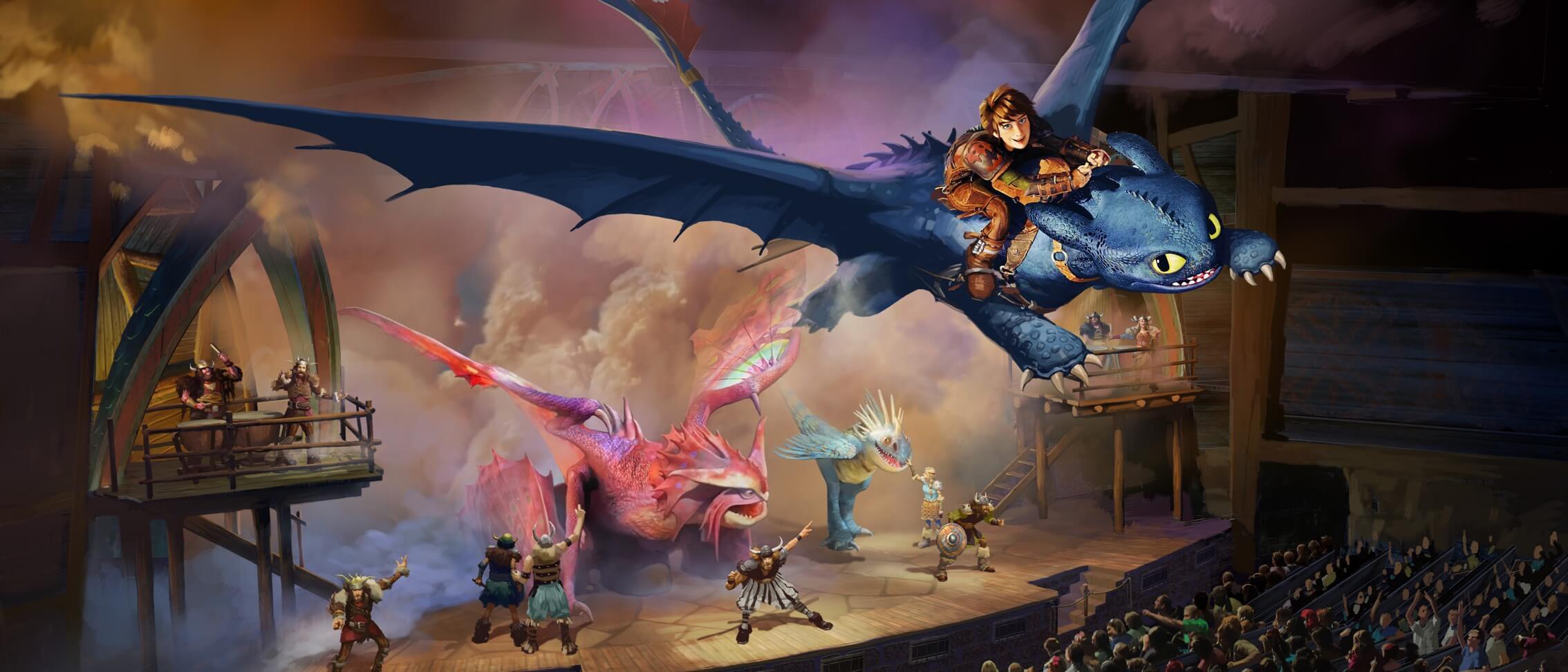 Artist conceptual rendering – Hiccup smiles and grips the reigns as he soars above the stage atop Toothless, with other dragons and Vikings below.