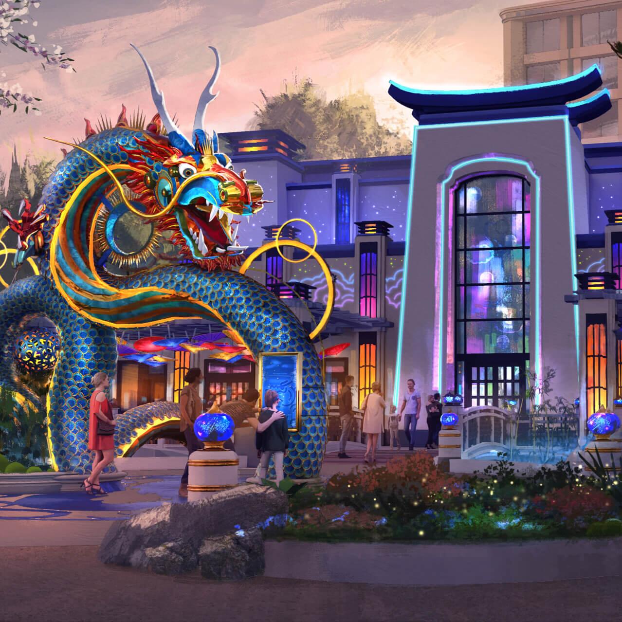Artist conceptual rendering - The Blue Dragon Pan-Asian Restaurant features a large blue dragon entryway at Celestial Park.