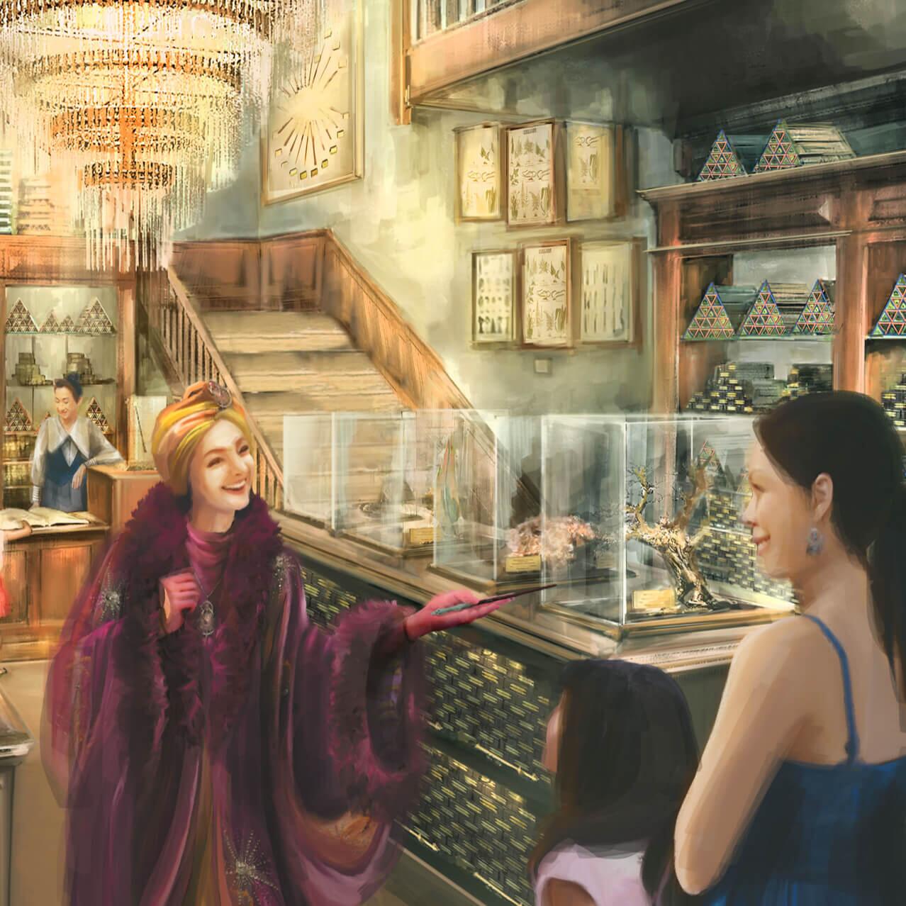 Artist conceptual rendering - Guests are greeted at Cosme Acajor Baguettes Magiques, home to the world’s finest wands.