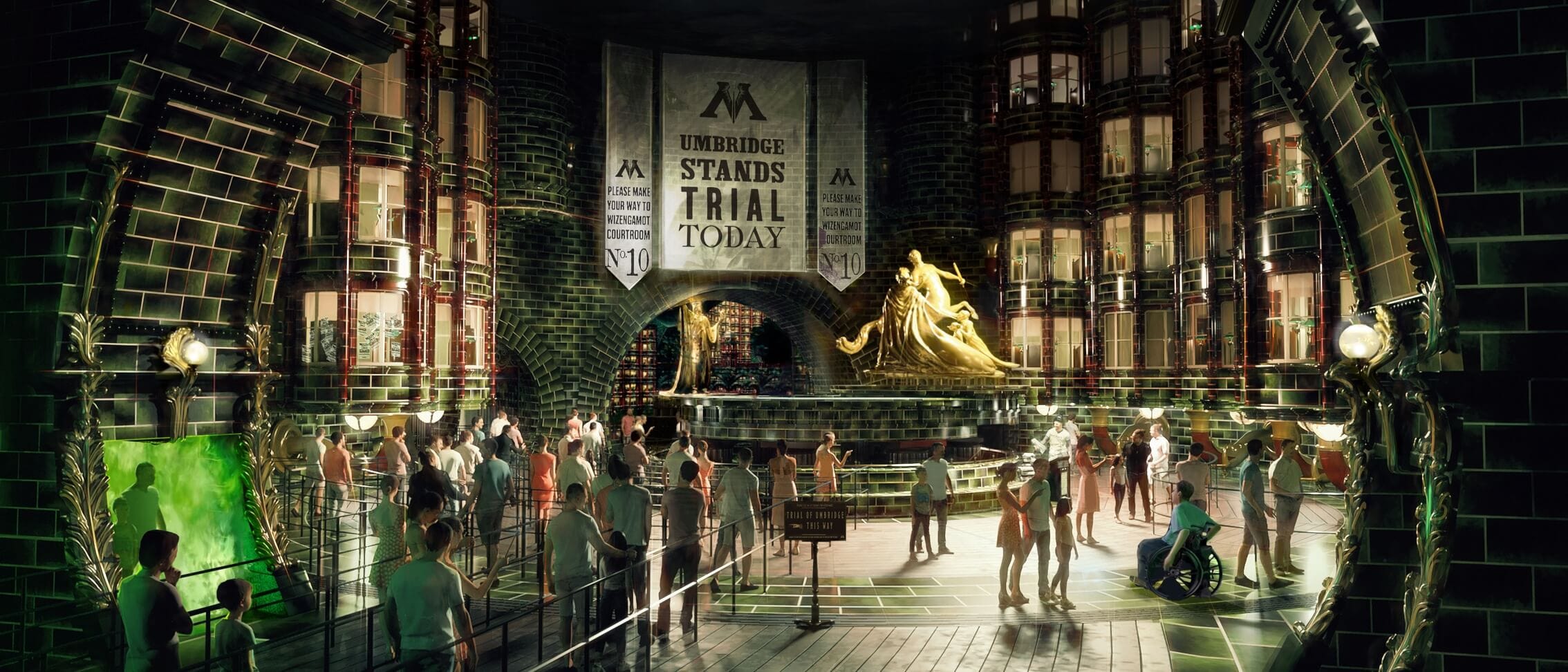 Artist conceptual rendering: A banner about Dolores Umbridge's trial hanging in the atrium above the Fountain of Magical Brethren in the British Ministry of Magic™.