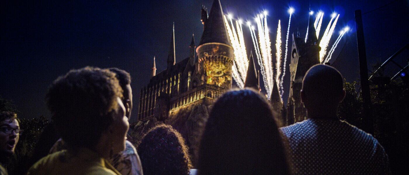 Guests watch a dazzling light spectacle unfold against the majestic backdrop of Hogwarts™ castle.