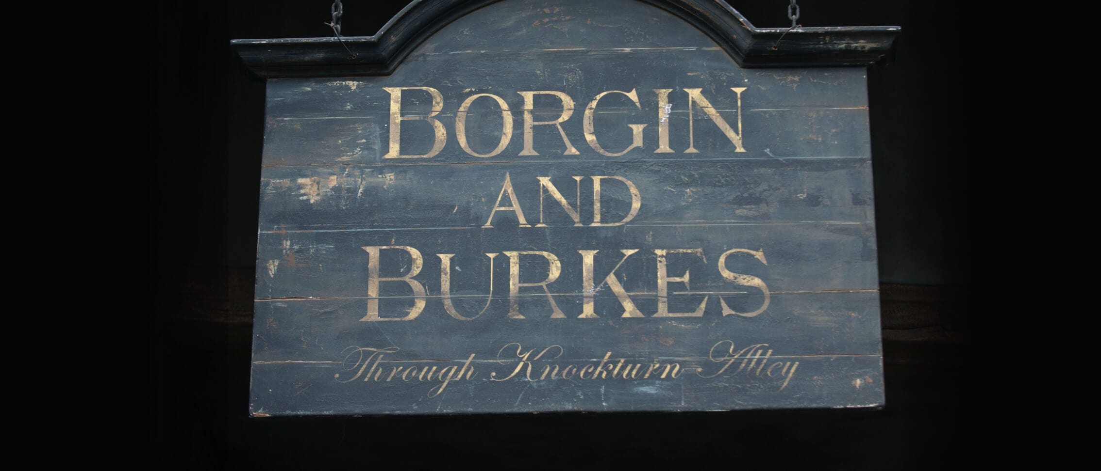 picture of a tattered sign that reads Borgin And Burkes