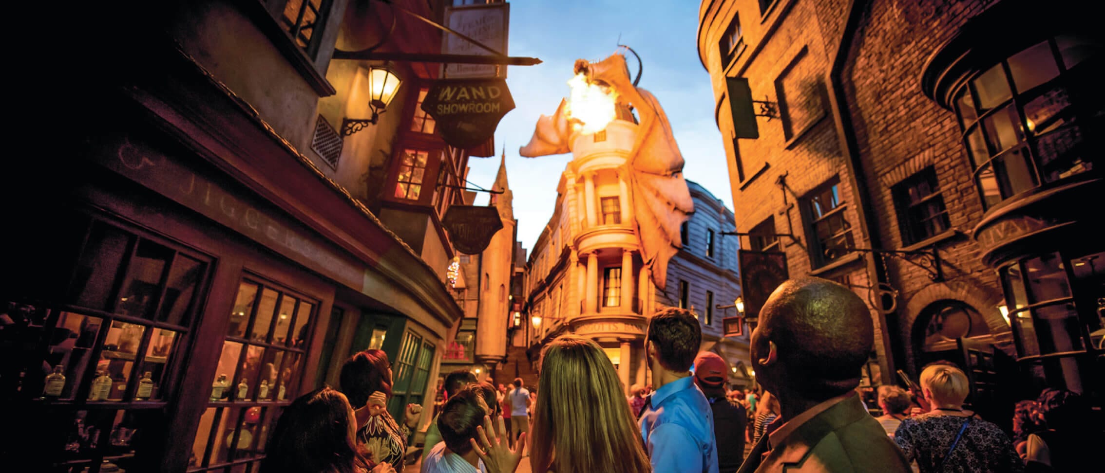 Attendees marveling at the dragon blowing fire at Diagon Alley at Universal Studios Florida