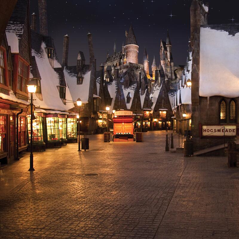 Nighttime view of Hogsmeade at Universal Islands of Adventure.