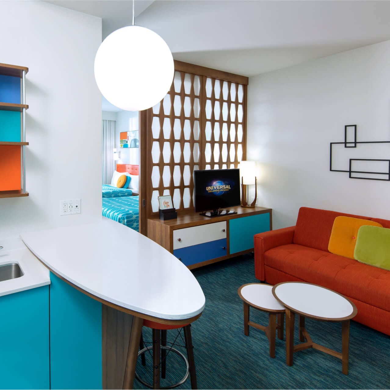 Interior view of a family suite kitchen at Universal Cabana Bay Beach Resort