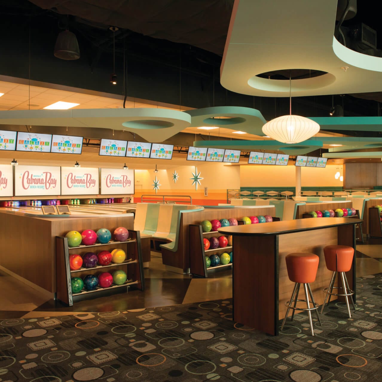Interior view of the Galaxy Bowl bowling alley at Universal Cabana Bay Beach Resort