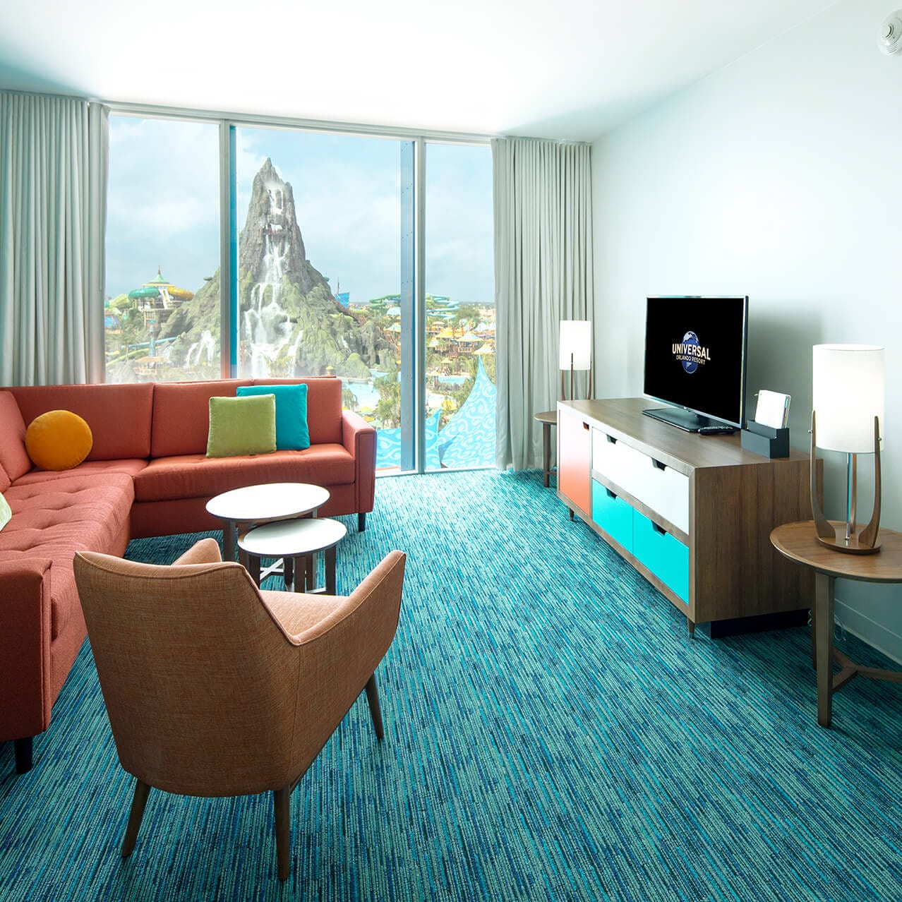 An interior view of the living room in a 2-bedroom suite at Universal Cabana Bay Beach Resort.