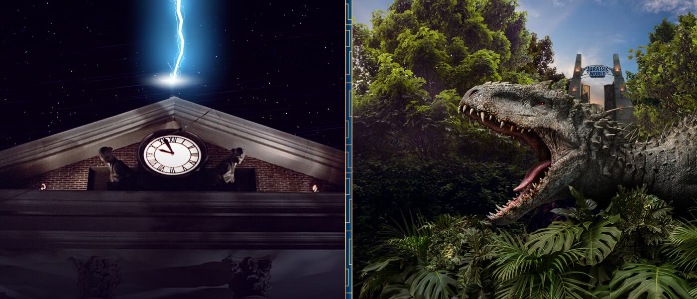 A collage of lightning strikeing the illuminated clocktower from Back to the Future and an Indominus rex roars amidst foliage with the Jurassic World arches above.