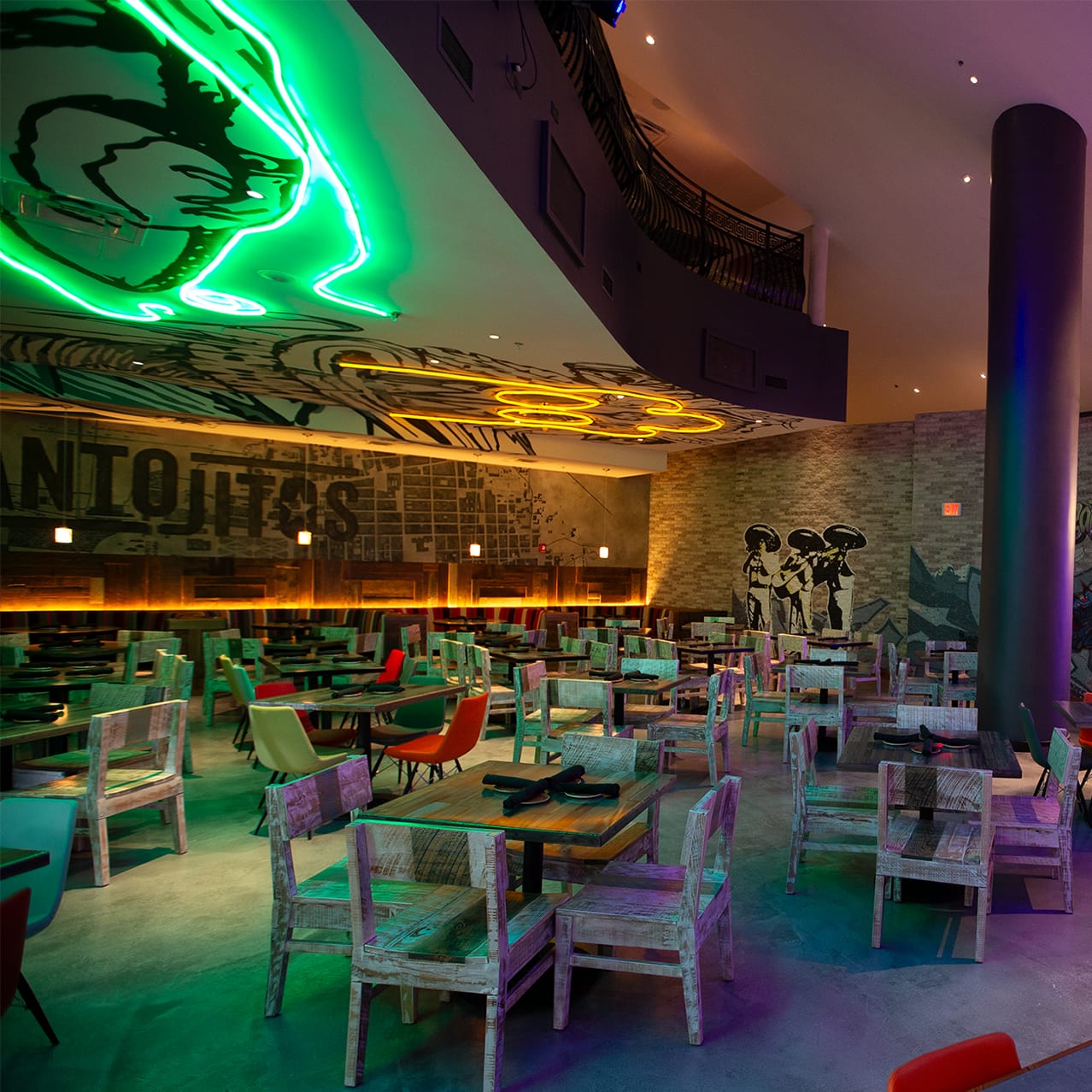 Interior photo captures a seating area of Antojitos Authentic Mexican Food at Universal CityWalk Orlando.