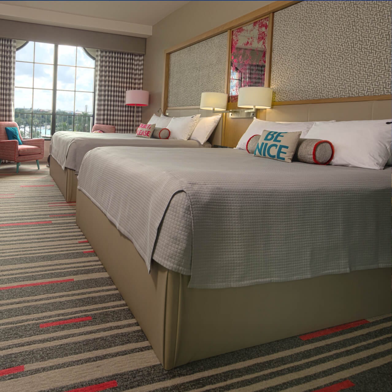 The interior of a Guest Room with two queen beds at Hard Rock Hotel at Universal Orlando Resort.