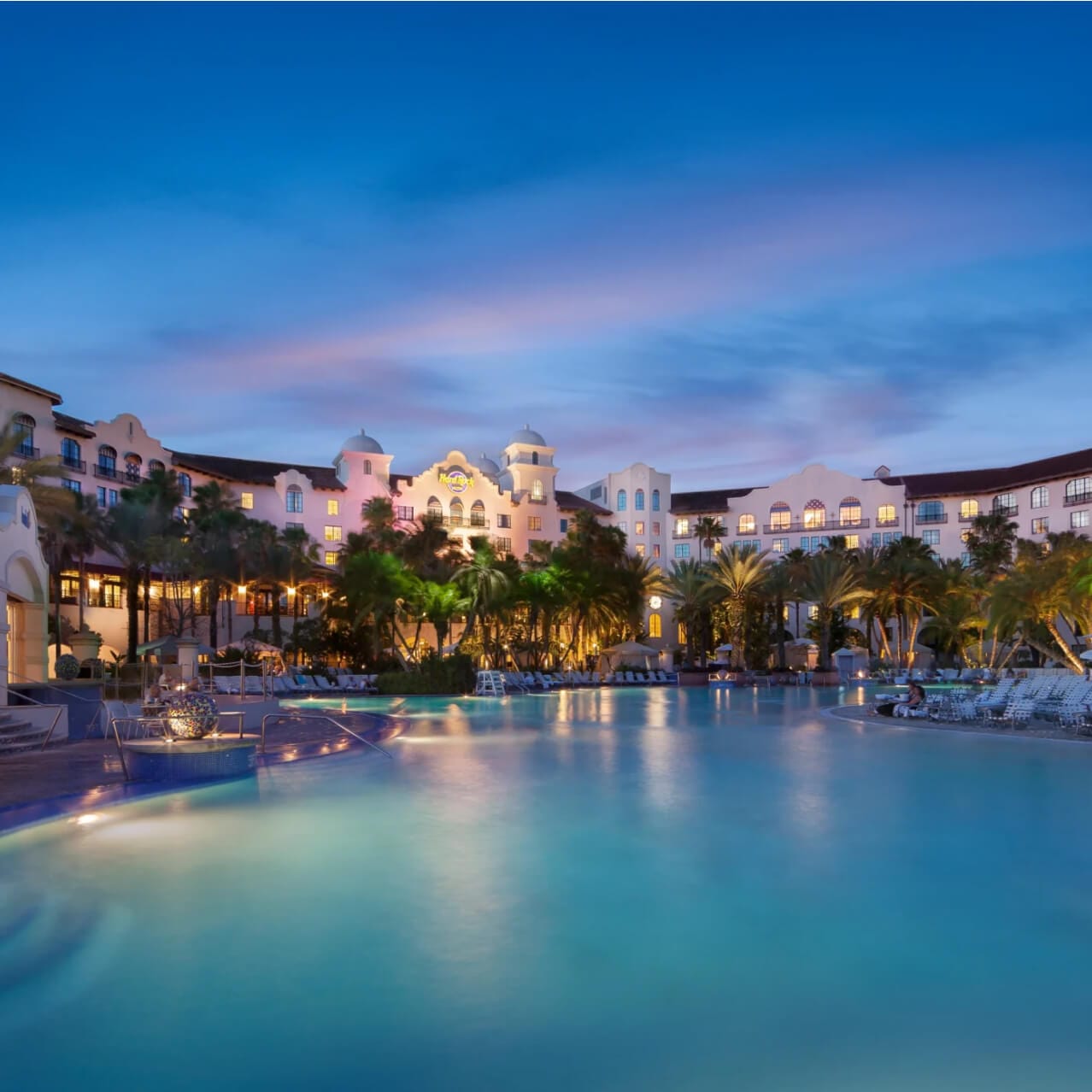The pool at the Hard Rock Hotel at dusk.