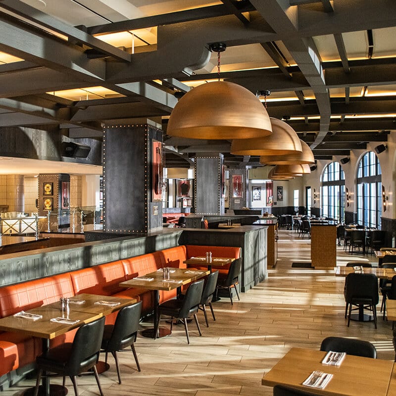 An interior view of The Kitchen restaurant seating area in Hard Rock Hotel at Universal Orlando Resort.