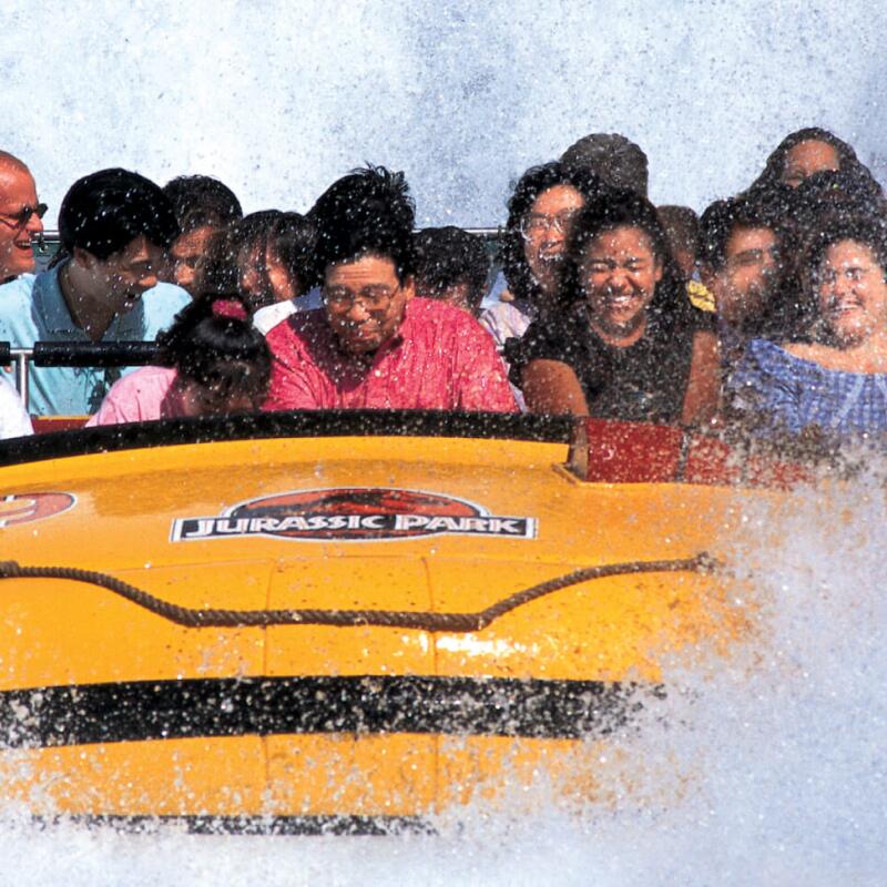 People riding the Jurassic Park River Adventure