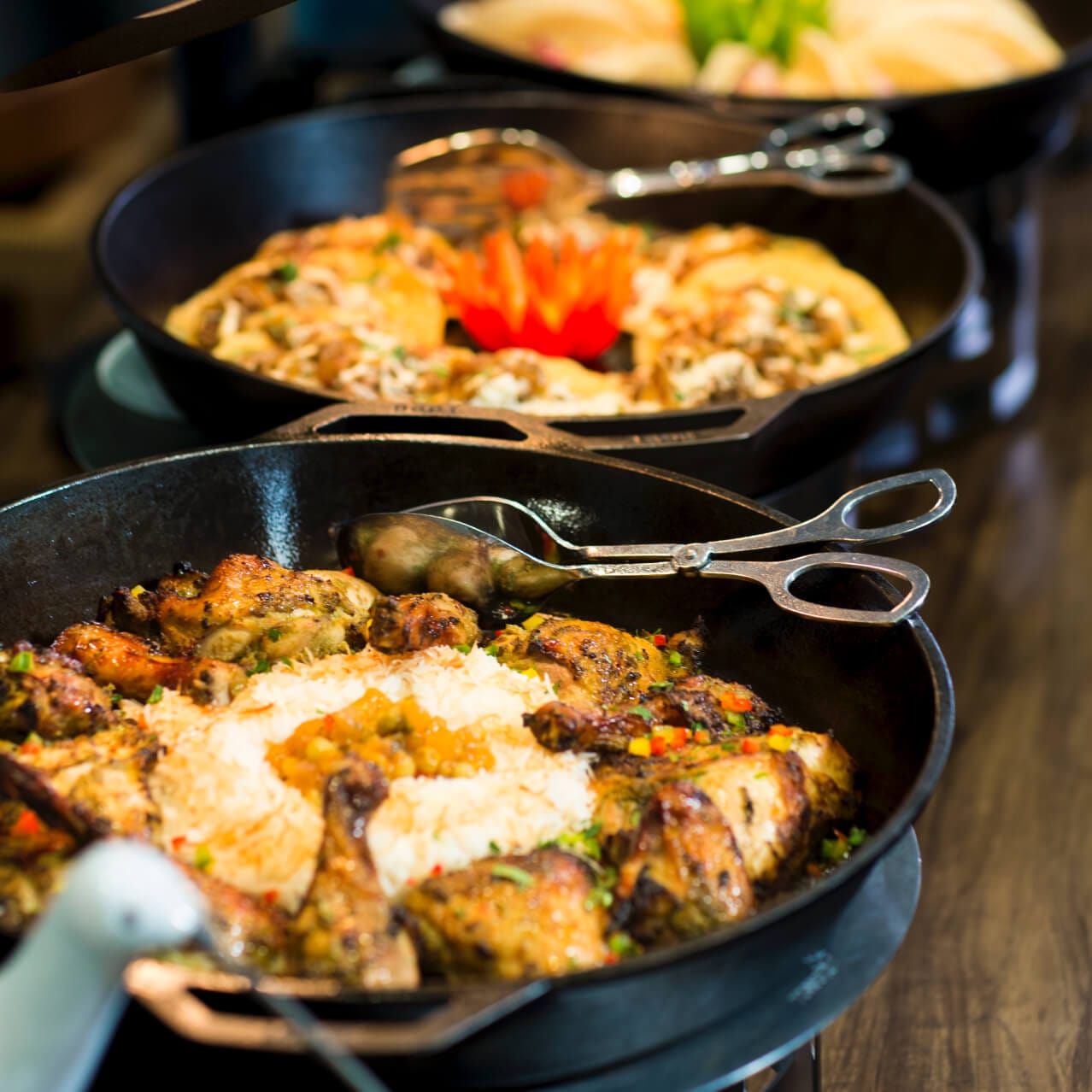 Food items at a buffet.