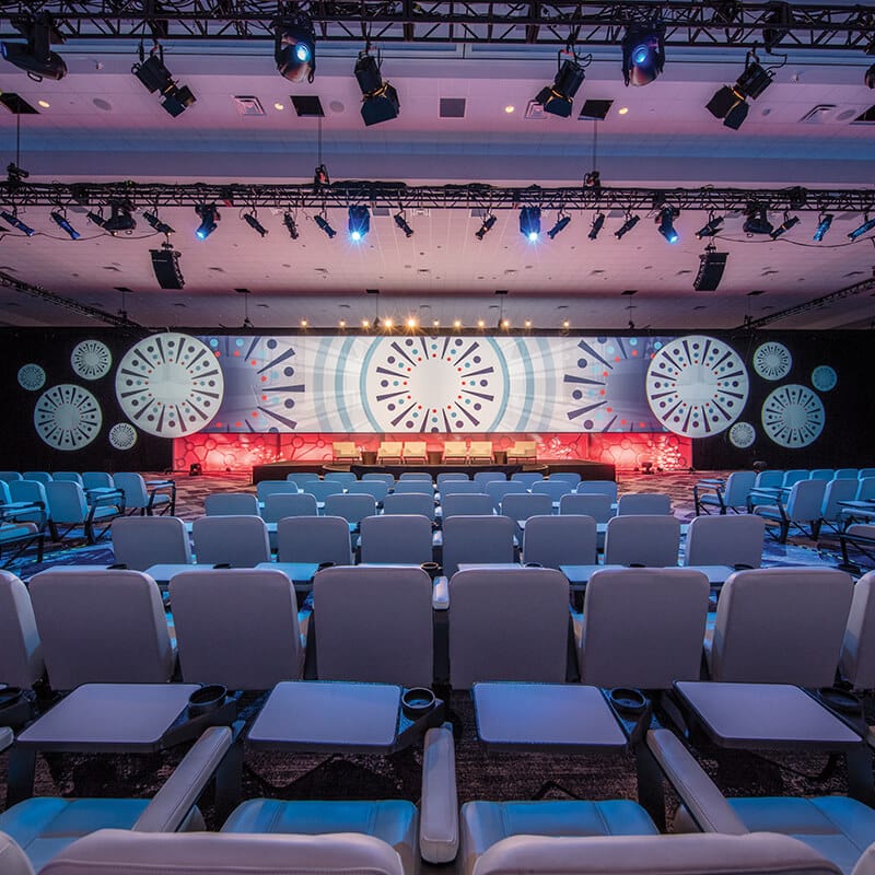 A meeting room with a theater setup at Loews Sapphire Falls Resort at Universal Orlando Resort.