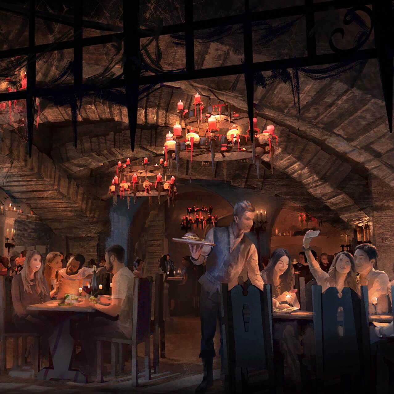 Artist conceptual rendering - Visitors to Dark Universe at Universal Epic Universe enjoy a hearty meal at Das Stakehaus.