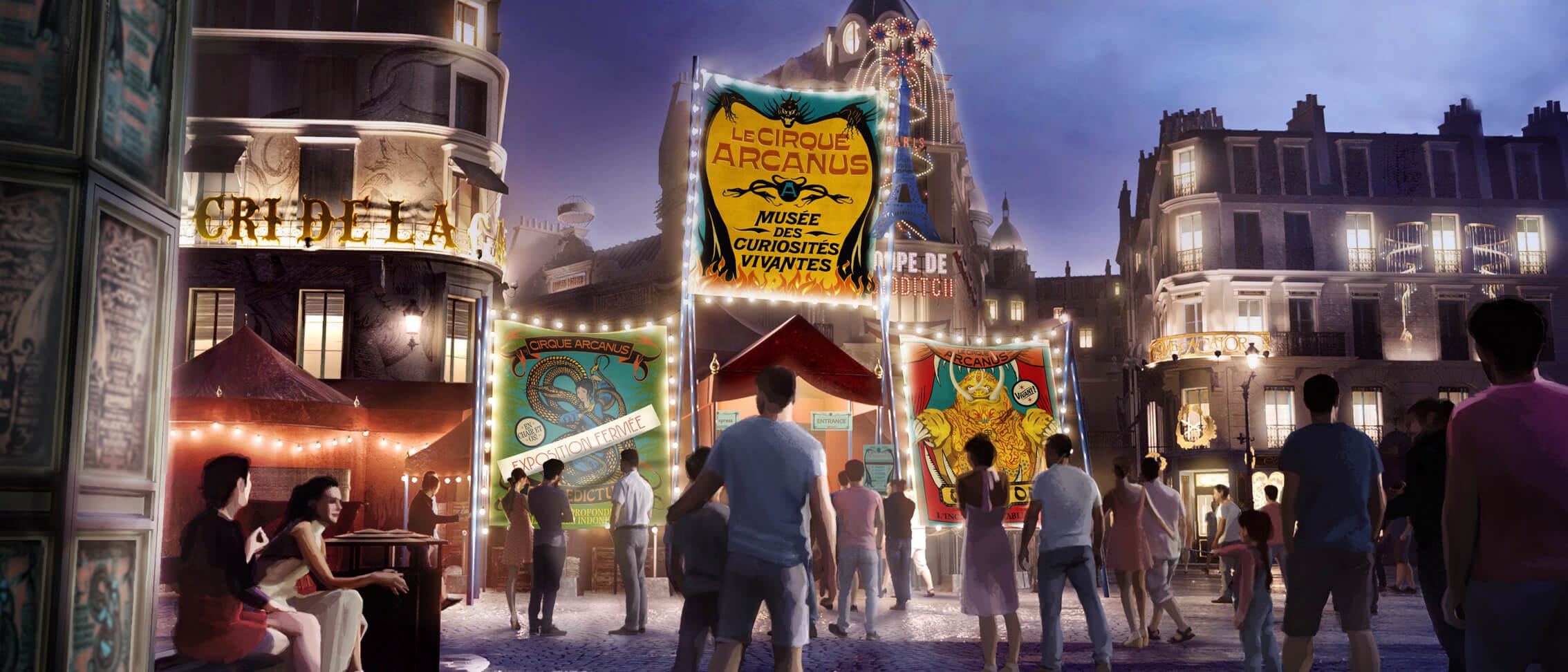Artist conceptual rendering - Guests approach to see what’s inside the brightly-lit tent entrance of Le Cirque Arcanus.