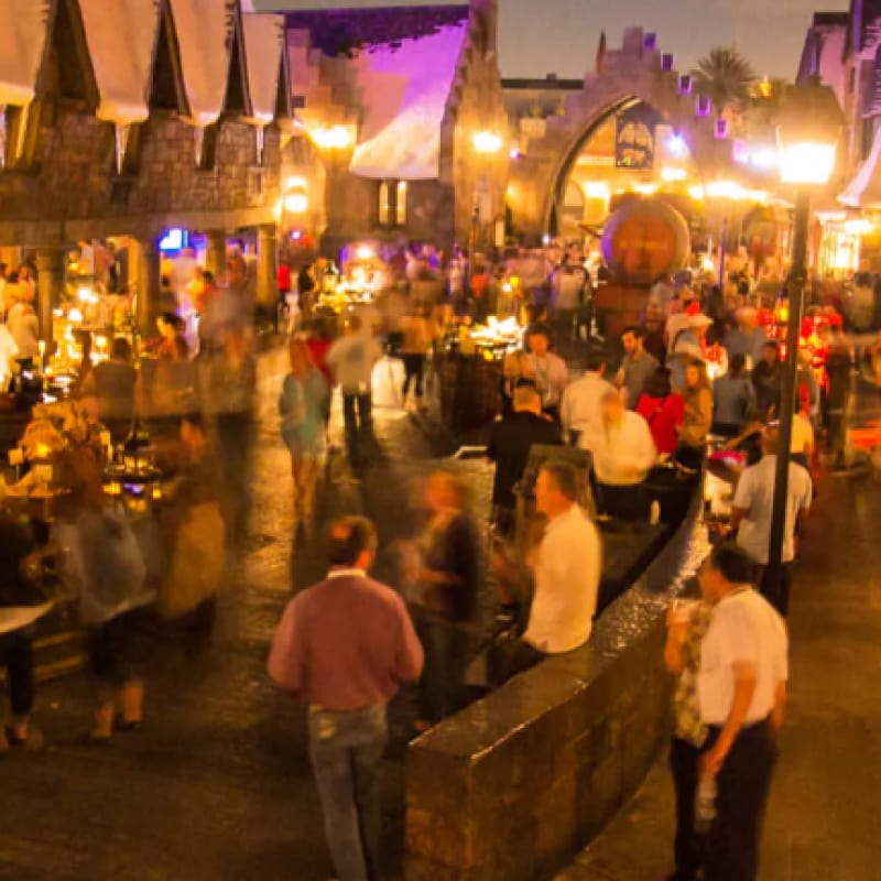 Event attendees mingling in the streets of a snow-capped Hogsmeade.