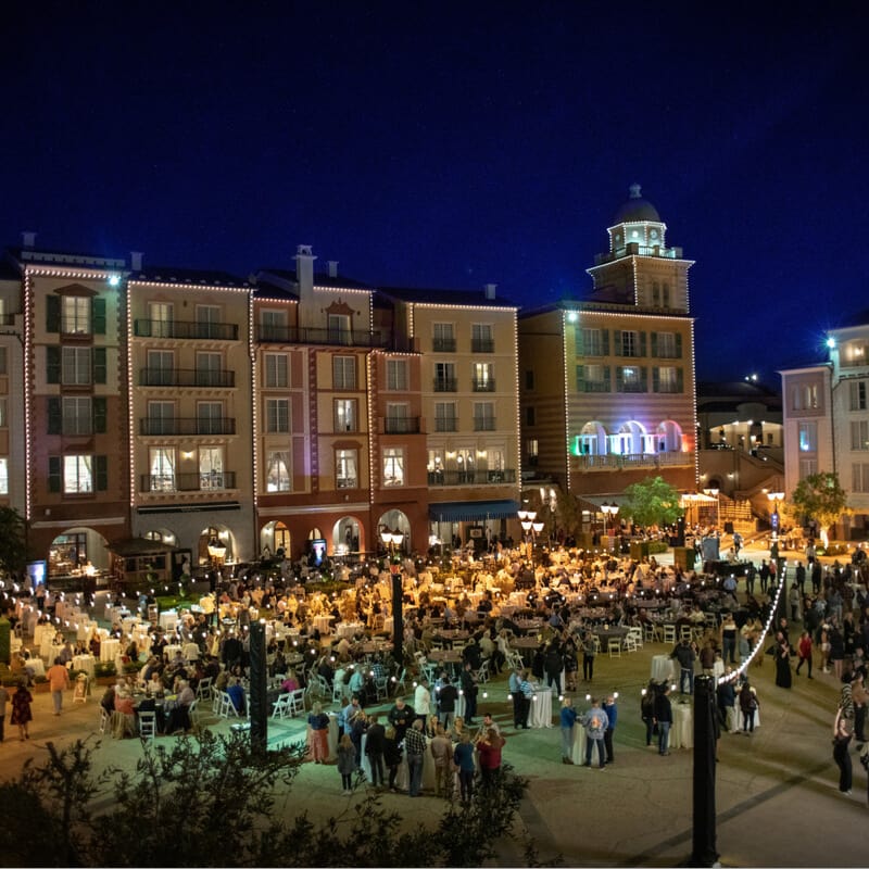 Exterior view of the crowd outside the Loews Portofino Bay Hotel
