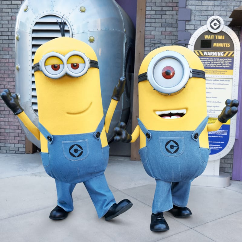 2 minions standing in front of Minion Mayhem