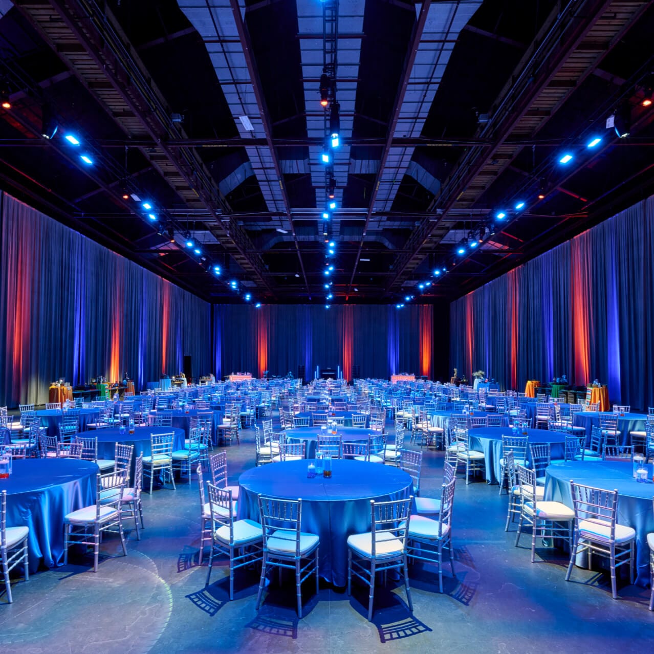 A Soundstage location setup for a banquet.