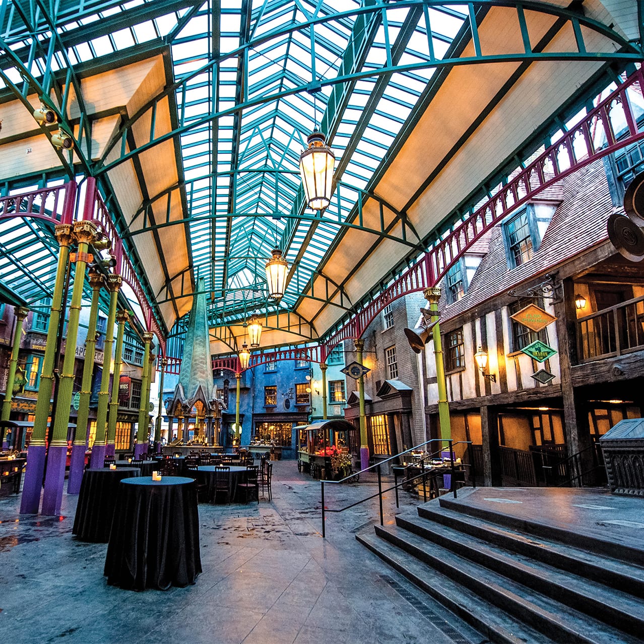 An outdoor event space at Diagon Alley in Universal Studios Florida.