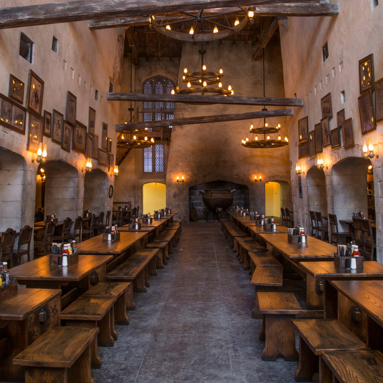 interior photo of a dining room of wooden tables and benches