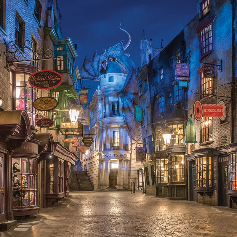 Nighttime view of Diagon Alley at Universal Studios Florida.