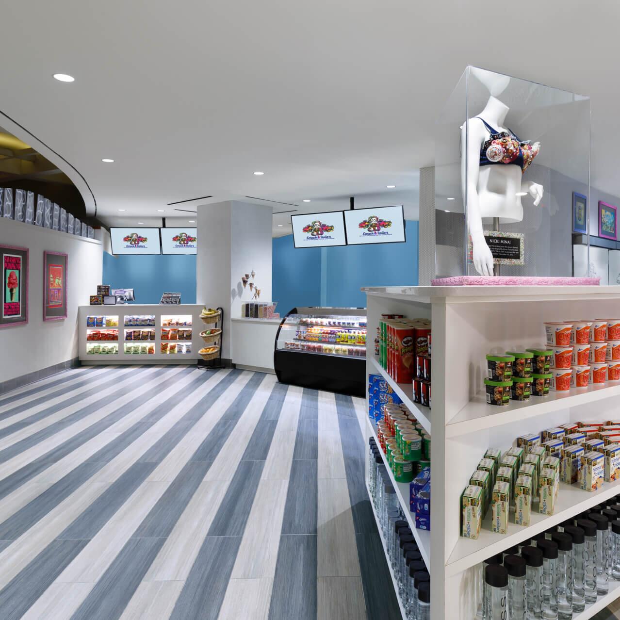 A shelf of grab and go snacks sits at the front of Emack and Bolio's at Hard Rock Hotel Orlando.