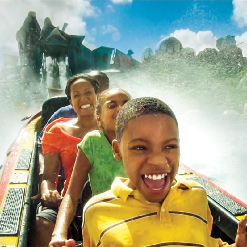 A family splashes down Dudley Do-Right's Ripsaw Falls water flume ride at Universal's Islands of Adventure.