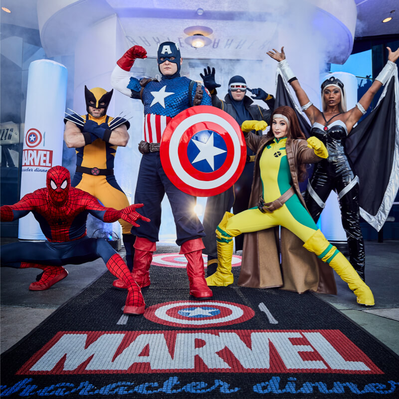 Marvel characters Spider-Man, Wolverine, Captain America, Cyclops, Storm and Rogue pose together at Universal’s Islands of Adventure.