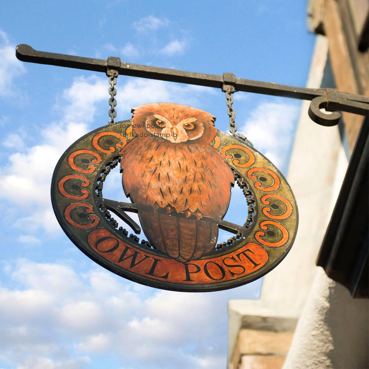 Exterior and sign outside the Owl Post stationery shop and post office in The Wizarding World of Harry Potter Hogsmeade at Universal's Islands of Adventure.