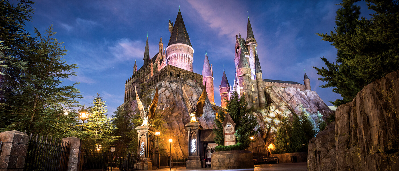 The majestic Hogwarts™ castle, where guests at Universal's Islands of Adventure in Orlando experience the exciting ride Harry Potter and the Forbidden Journey™.