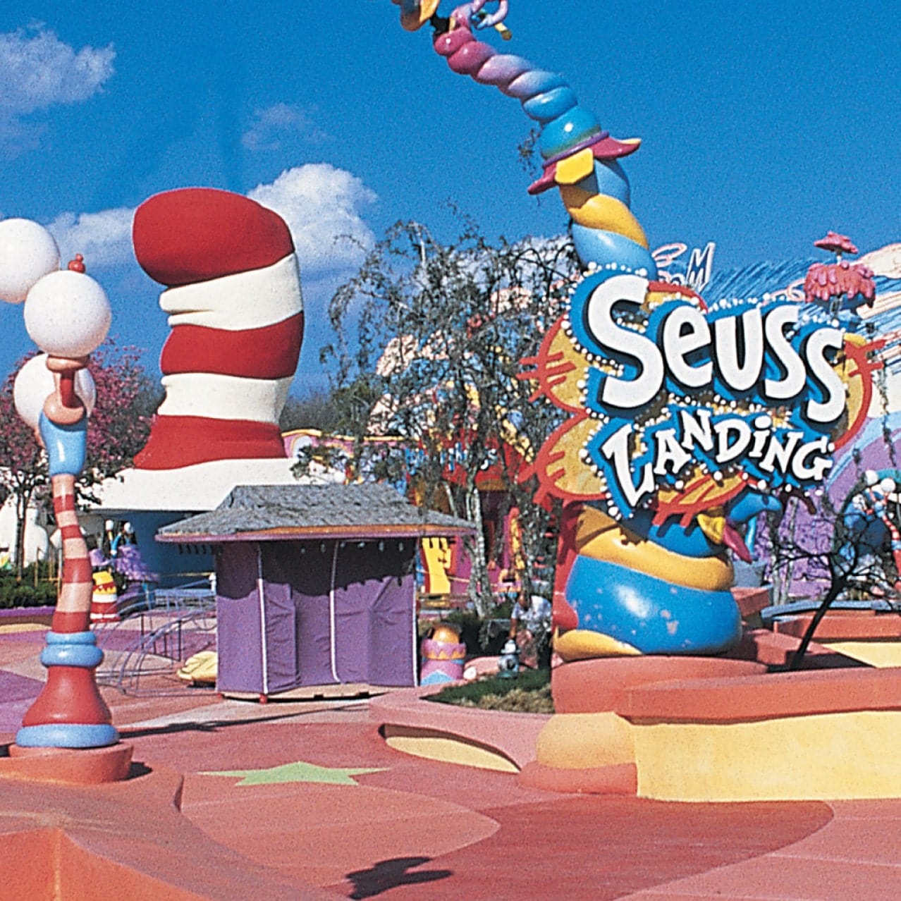 Seuss Landing entrance with several guests