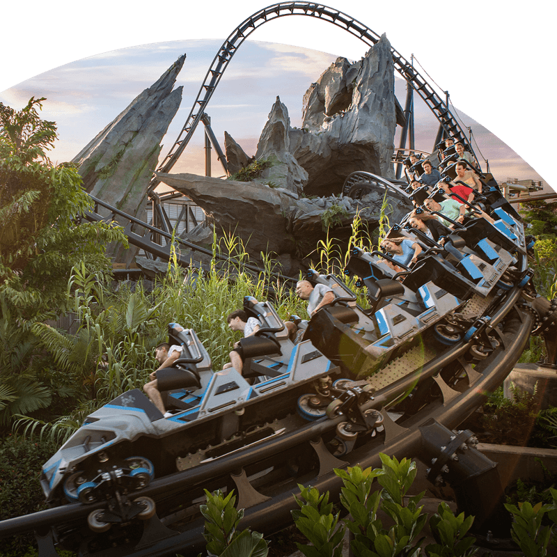 Riders speed through the jungle on Jurassic World VelociCoaster at Universal’s Islands of Adventure.